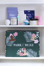 Park and Buzz self care box shelfie. Blume Lavender tea. Lend Me Some Sugar Bath Bombs. Moon Velvet Sheet Mask Face Tory. genuine Bodycare. Earrings. Cutie Oils in Olivine. Sugar Shop Scrub. Lip Balm. Value Box. Subscription Box. 