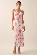 Floral Whimsy Satin Ruffle Maxi Dress