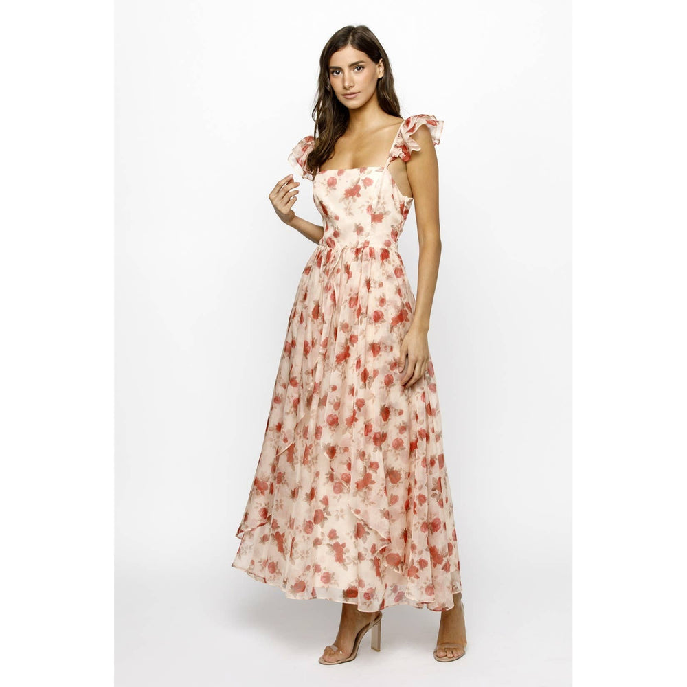 Pink Rose Ruffle Maxi Dress