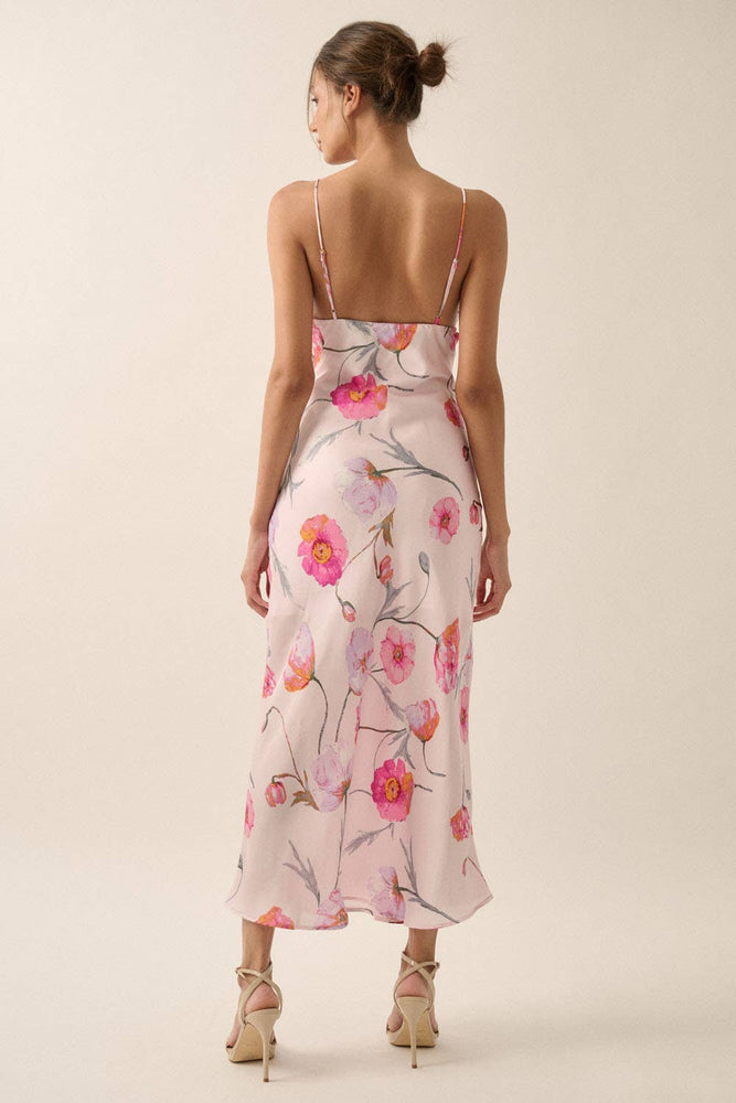 Floral Whimsy Satin Ruffle Maxi Dress