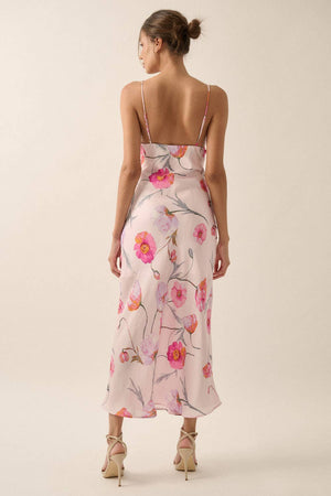 Floral Whimsy Satin Ruffle Maxi Dress