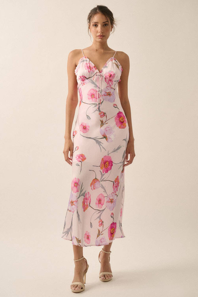 Floral Whimsy Satin Ruffle Maxi Dress
