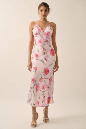Floral Whimsy Satin Ruffle Maxi Dress