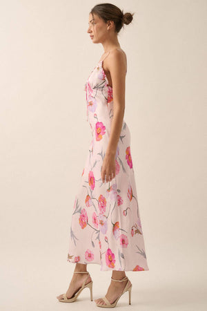 Floral Whimsy Satin Ruffle Maxi Dress