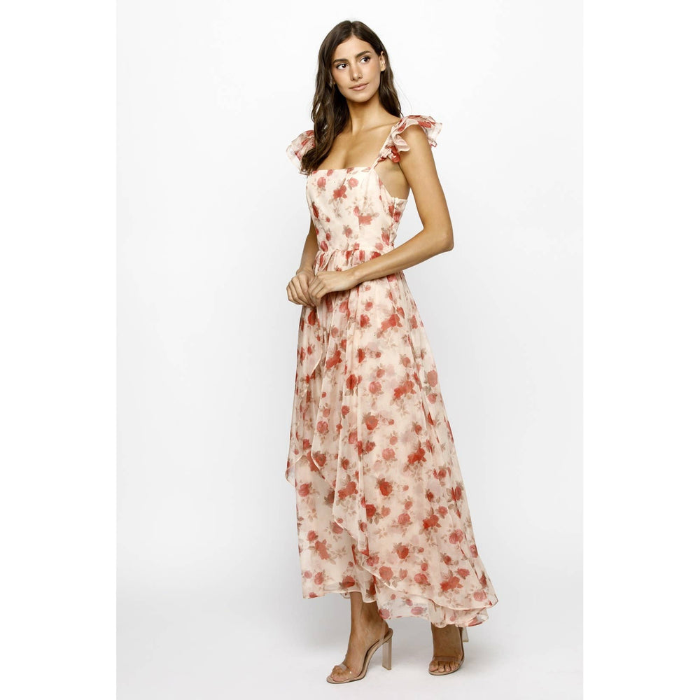 Pink Rose Ruffle Maxi Dress