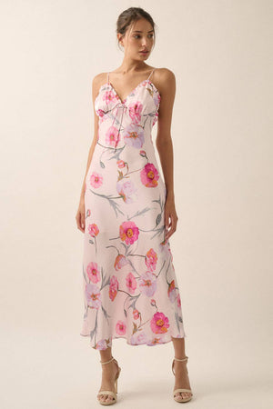 Floral Whimsy Satin Ruffle Maxi Dress