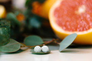 Park and Buzz radiance stud. Sparkle ball earrings. Hillberg and Berk. Canadian Brand. Glitter ball earrings. Earrings styled with eucalyptus and pink grapefruit. Fresh fun photo taken by Camryn Elizabeth silver earrings jewelry jewellery